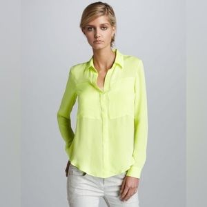 THEORY Durlia 100% Silk Neon lime, Long Sleeve Blouse, size Medium